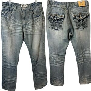 Vintage Y2K Hama Jeans Men 36x32 Embroidered Flap Pocket Distressed Streetwear